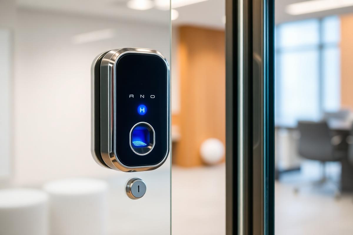 Biometric access control reader at a secured office entrance