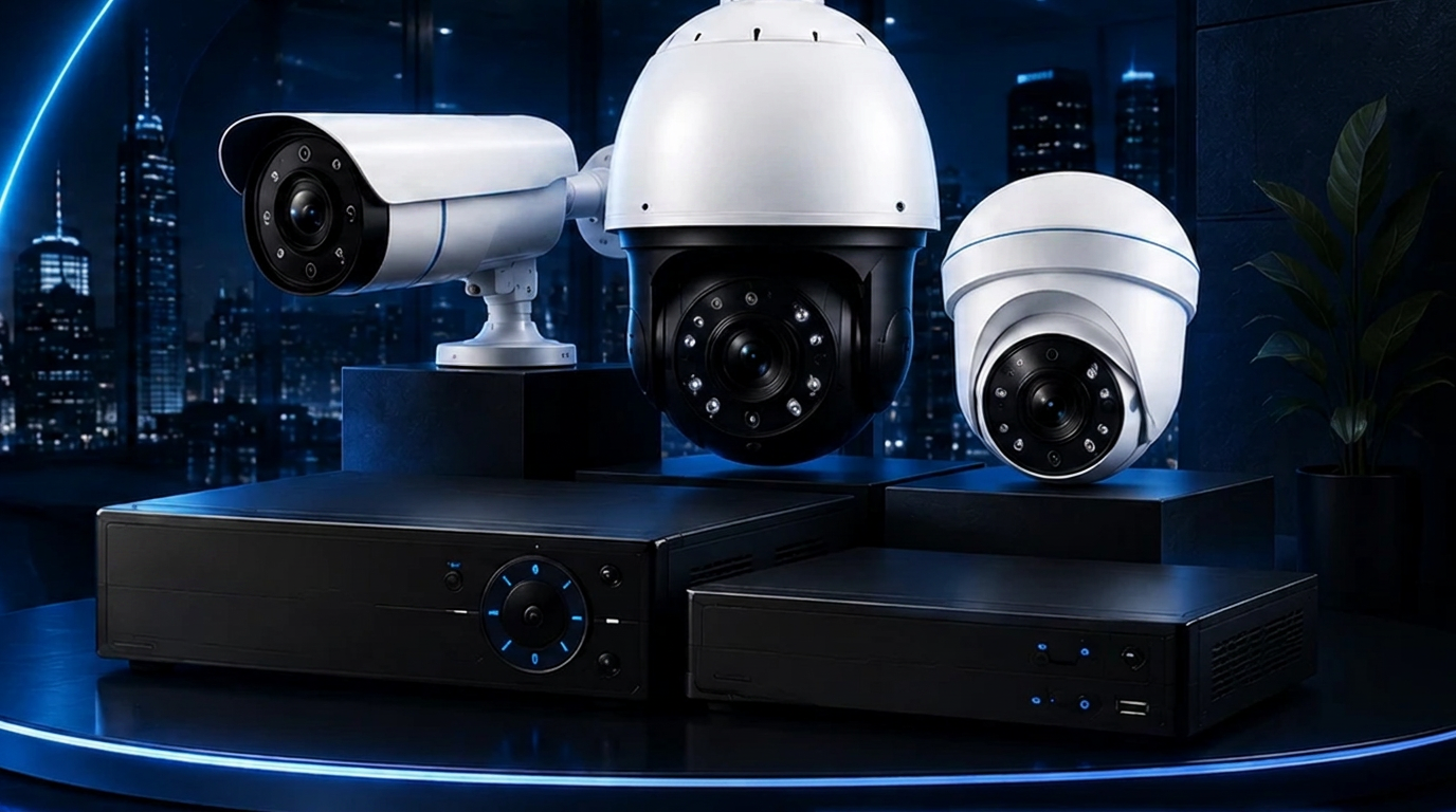 Network operations centre with server racks, structured cabling and a security dome camera